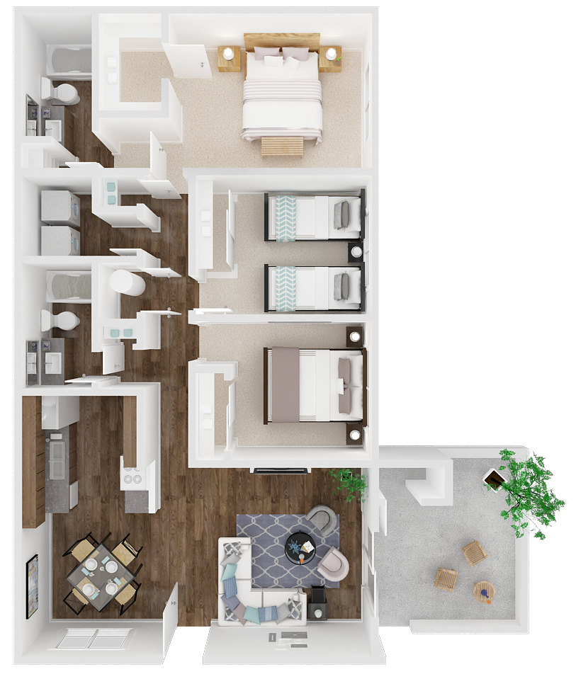 Floor plan for 3 beds, 2 baths, 1125 sqft